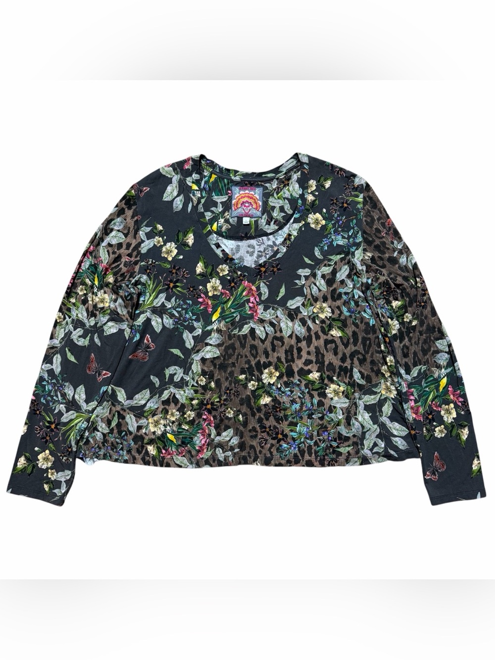 Johnny Was Top Ash Bird Leopard Floral Favorite Long Sleeve Swing L Boho Artsy